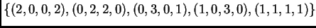 $ \{ (2,0,0,2), (0,2,2,0), (0,3,0,1), (1,0,3,0), (1,1,1,1)\}$