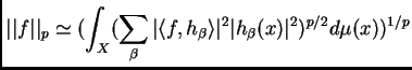 $\displaystyle \vert\vert f\vert\vert _{p}\simeq
(\int_{X}(\sum_{\beta}\vert\langle
f,h_{\beta}\rangle\vert^{2}\vert h_{\beta}(x)\vert^{2})^{p/2}d\mu(x))^{1/p}$