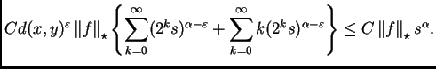 $\displaystyle Cd(x,y)^{\varepsilon }\left\Vert f\right\Vert _{\star}\left\{\sum...
...^{\alpha-\varepsilon }\right\}\leq
C\left\Vert f\right\Vert _{\star}s^{\alpha}.$