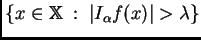 $\displaystyle \left\{x\in\mathbb{X}\; :\; \left\vert I_{\alpha}f(x)\right\vert >\lambda\right\}$