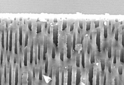 Poros cil&iacute;ndricos de alrededor de 1 mil&eacute;sima de mm de di&aacute;metro obtenidos por ataque electroqu&iacute;mico a una l&aacute;mina (oblea) de silicio. Se trata de macroporos cil&iacute;ndricos perpendiculares a la superficie de la oblea